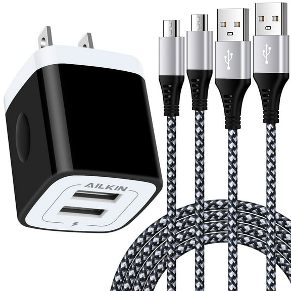Micro Cable Cable,Micro USB Cable 6ft with 2.1A USB Wall Charger,Ailkin USB Charger Adapter,High Speed Fast Charging Android Charging Cable 2 Pack Usb Micro Cable with Fast Charger Block