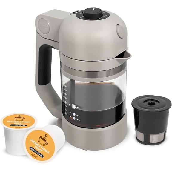 Micro Caf Smallest Single-Serve Glass Coffee Brewer | Compatible with K-Cups, Pods & Ground Coffee | Enclosed & Circle Flow Brewing for Hotter, Richer Flavor | Brews 4oz to 20oz (Gray)