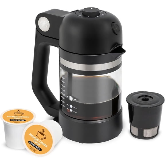 Micro Caf Smallest Single-Serve Glass Coffee Brewer | Compatible with K-Cups, Pods & Ground Coffee | Enclosed & Circle Flow Brewing for Hotter, Richer Flavor | Brews 4oz to 20oz (Black)