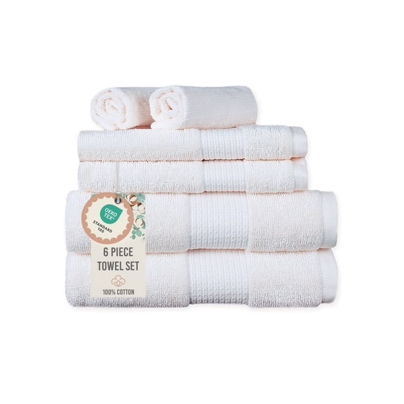 Aertex Solid 100% Cotton 520 GSM 6 Piece Bath Towel Set, Soft & Absorbent, Quick Dry, 2 Bath 27x54, 2 Hand 16x28, 2 Wash 13x13, Egg Shell, OEKO-TEX® Certified
