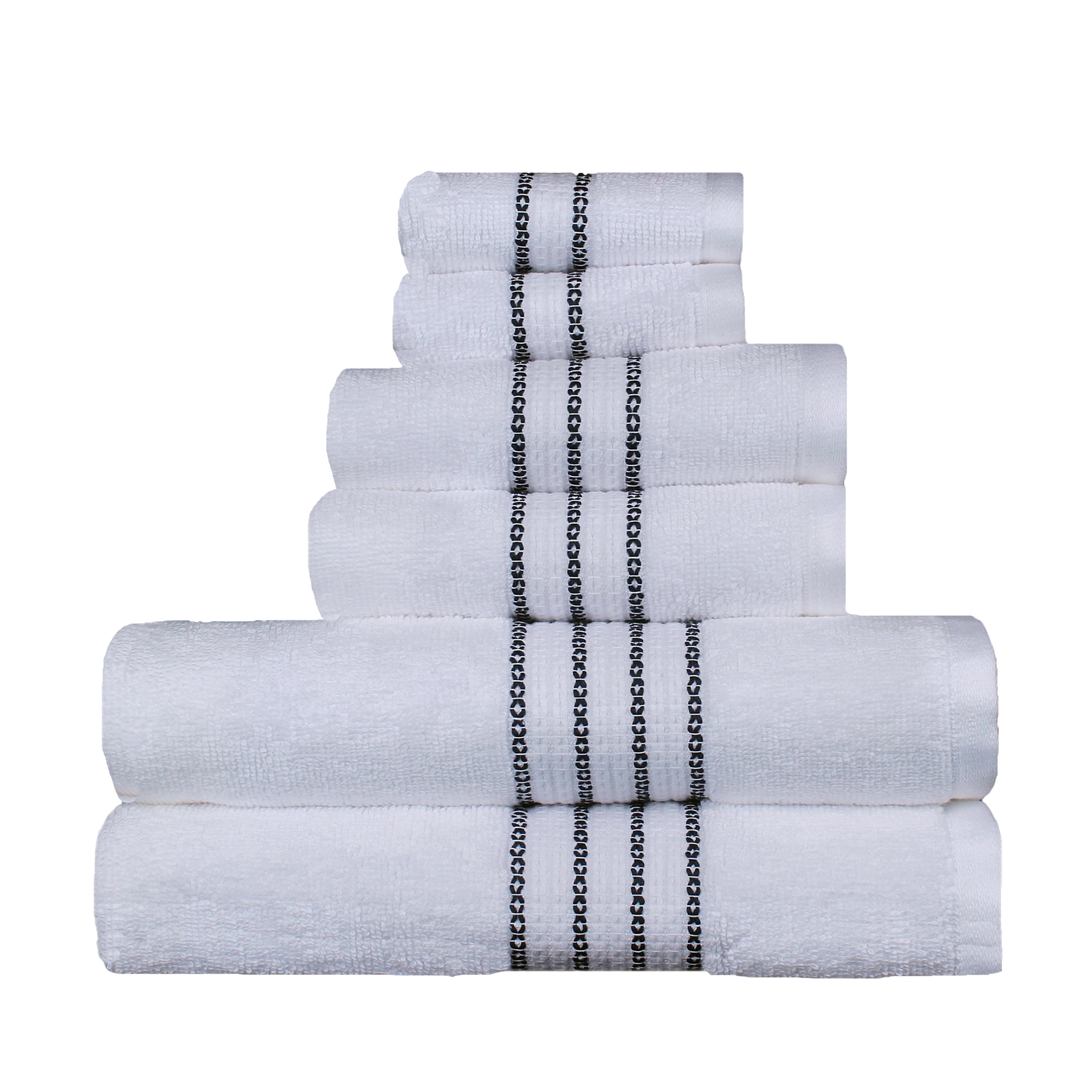 Aertex Stripe 100% Cotton 520 GSM 6 Piece Bath Towel Set, Soft & Absorbent, Quick Dry, 2 Bath 27x54, 2 Hand 16x28, 2 Wash 13x13, White with Stripes, OEKO-TEX® Certified