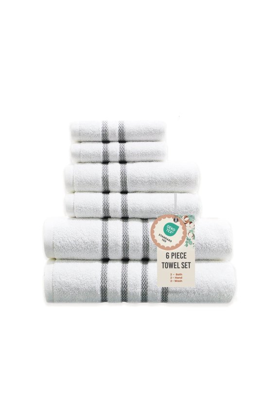 Ethicot Stripe Recycled Cotton 520 GSM 6 Piece Towel Set, Soft & Absorbent, Quick Dry, 2 Bath 27x54, 2 Hand 16x28, 2 Wash 13x13, White with Micro Gray Stripes, OEKO-TEX® Certified
