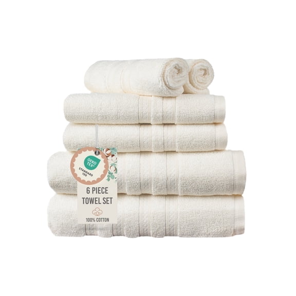 Express Solid 100% Cotton 520 GSM 6 Piece Bath Towel Set, Soft & Absorbent, Quick Dry, Size 27x54 Inches, Durable Everyday Use, Ivory, OEKO-TEX® Certified