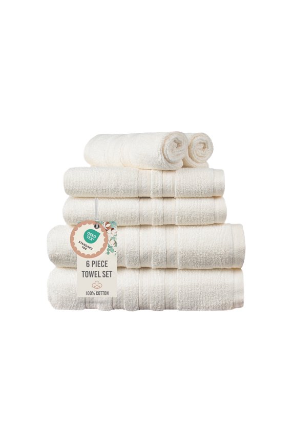 Express Solid 100% Cotton 520 GSM 6 Piece Bath Towel Set, Soft & Absorbent, Quick Dry, Size 27x54 Inches, Durable Everyday Use, Ivory, OEKO-TEX Certified