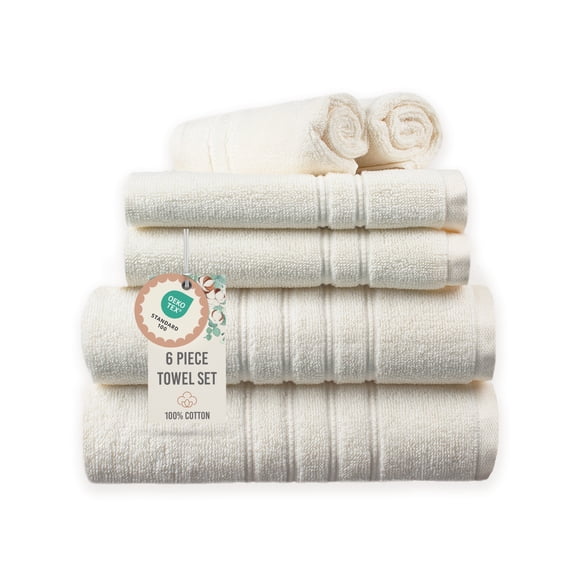 Wellness Hydration Solid 100% Cotton 550 GSM 6 Piece Bath Towel Set, Soft & Absorbent, Quick Dry, 2 Bath 27x54, 2 Hand 16x28, 2 Wash 13x13, Ivory, OEKO-TEX® Certified