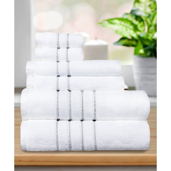 Wellness Hydration Stripe 100% Cotton 550 GSM 6 Piece Bath Towel Set, Soft & Absorbent, Quick Dry, 2 Bath 27x54, 2 Hand 16x28, 2 Wash 13x13, White with Gray Mist Stripes, OEKO-TEX® Certified