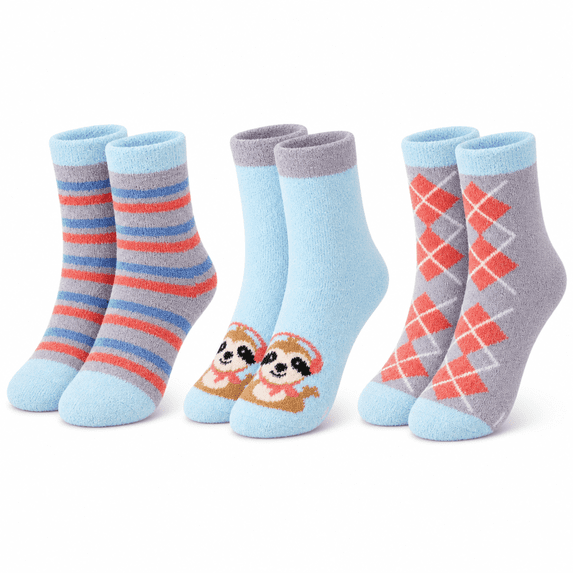 Girls Micro Cozy Character Socks, 3 Pack, Soft Plush Whimsical Pattern Socks, BLUE, M/L