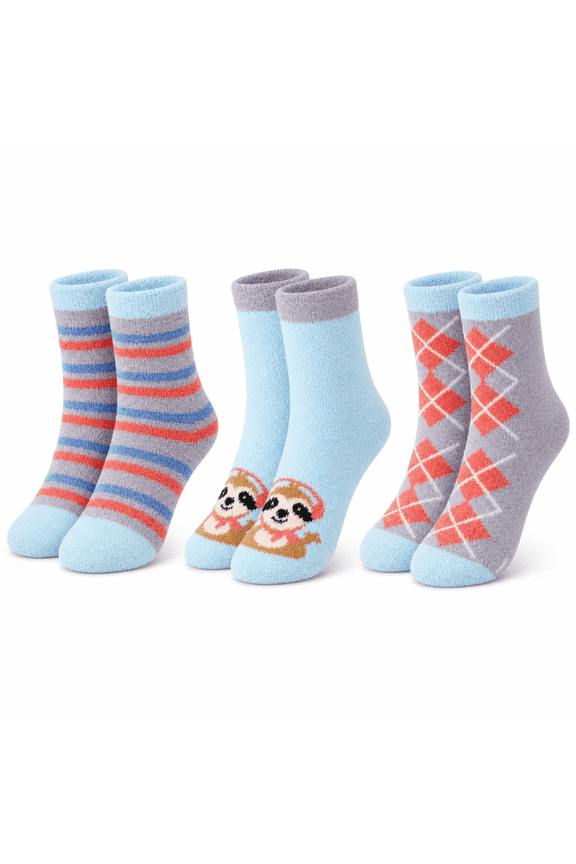 Girls Micro Cozy Character Socks, 3 Pack, Soft Plush Whimsical Pattern Socks, BLUE, S/M