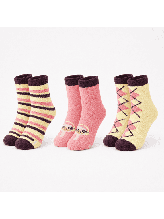 Micro Cozy Girls Socks, Soft Plush Character Pattern Girls Crew Socks, Grey, M/L, 3 Pack