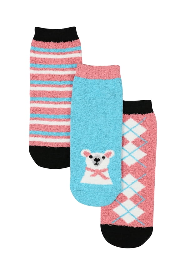 Girls Micro Cozy Character Socks, 3 Pack, Soft Plush Whimsical Pattern Socks, LT PINK, M/L