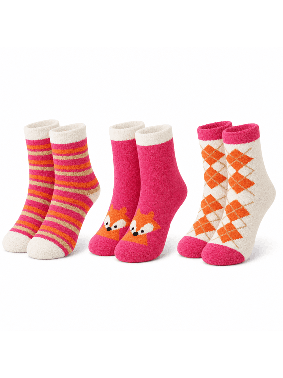 Micro Cozy Girls Socks, Soft Plush Character Pattern Girls Crew Socks, Pink, M/L, 3 Pack