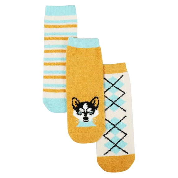 Girls Micro Cozy Character Socks, 3 Pack, Soft Plush Whimsical Pattern Socks, YELLOW, M/L