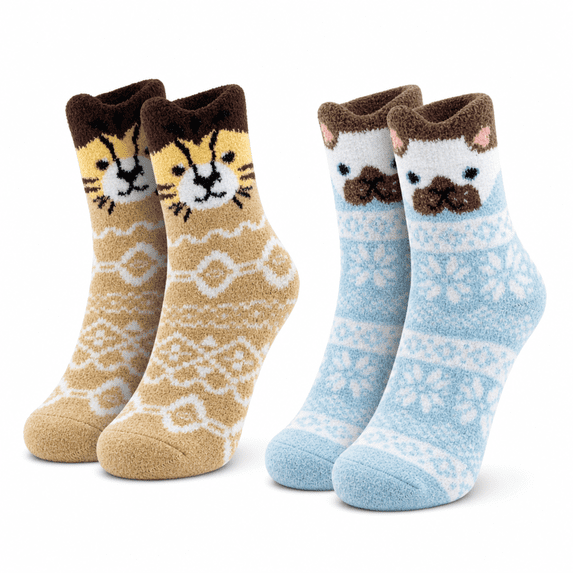 Girls Micro Cozy Socks, 2 Pack with Playful Ears and Soft Plush Fabric, BROWN, S/M