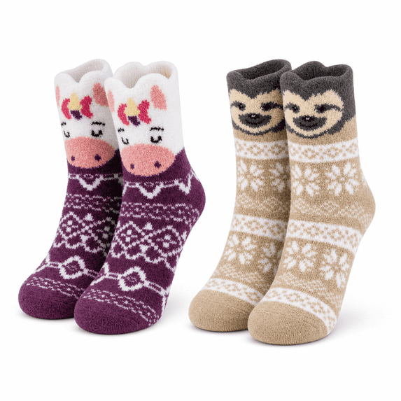 Girls Micro Cozy Socks, 2 Pack with Playful Ears and Soft Plush Fabric, PURPLE, S/M