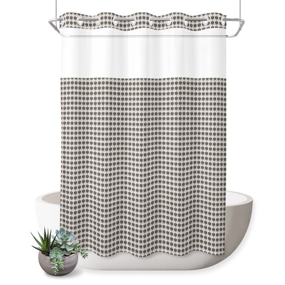 Micro Dot No Hook Shower Curtain Minimalist Modern Black White Tiny Circle Shower Curtain with See Through Top Window, Waterproof Washable Fabric Curtain for Bathroom Hotel Decor, 48Wx72L