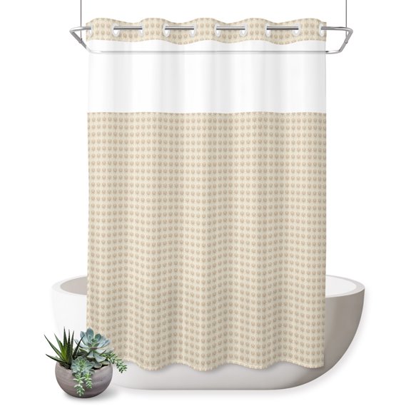 Micro Dots No Hook Shower Curtain Fall Orange Repeating Grid Tiny Pattern Modern Farmhouse Shower Curtain with Mesh Top Window, Waterproof Washable Fabric Curtain for Bathroom Hotel Decor, 60Wx72L