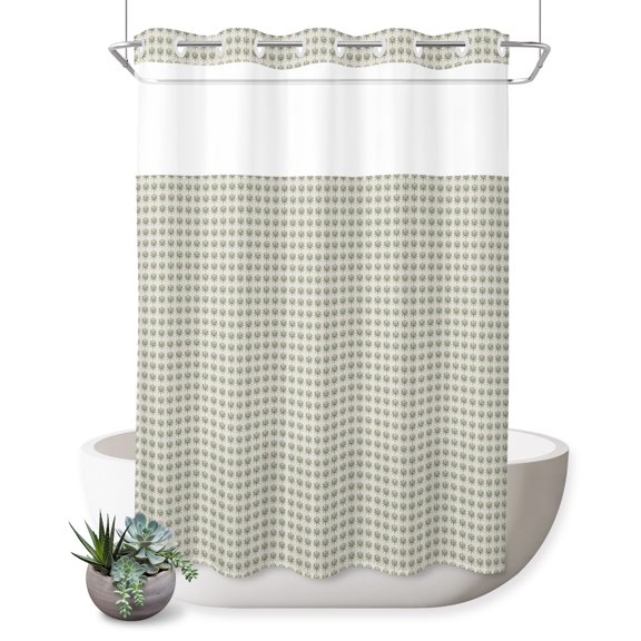 Micro Dots No Hook Shower Curtain Sage Green Repeating Grid Tiny Pattern Modern Farmhouse Shower Curtain with Mesh Top Window, Waterproof Washable Fabric Curtain for Bathroom Hotel Decor, 48Wx72L
