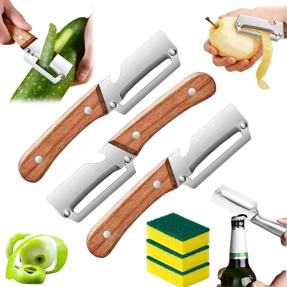 Micro Drag Peeler, Zero Snag Wooden Peeler, Multifunctional Vegetable Peeler with Wooden Handle and Bottle Opener, 2-in-1 Kitchen Tool for Veggie, Potato, Cucumber (3Pcs)