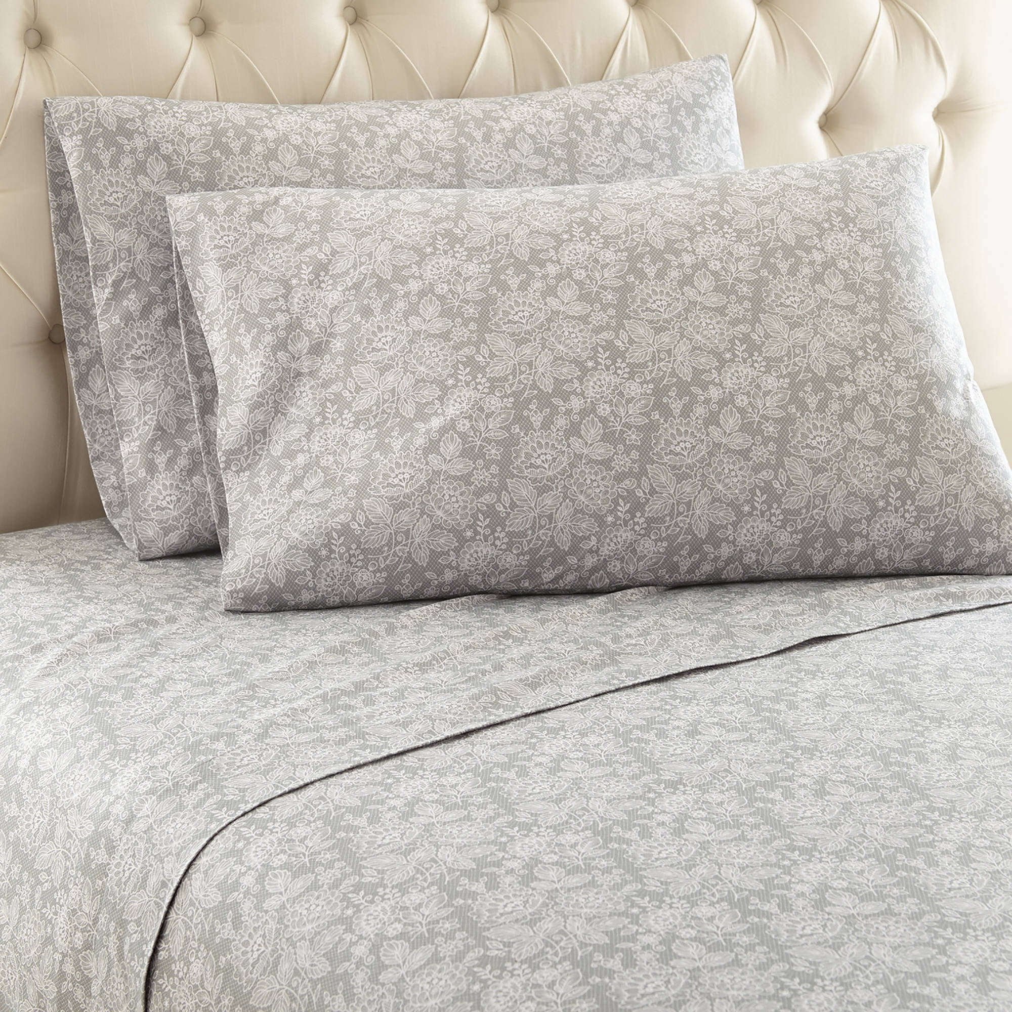 King Gray Floral Micro Flannel Sheet Set