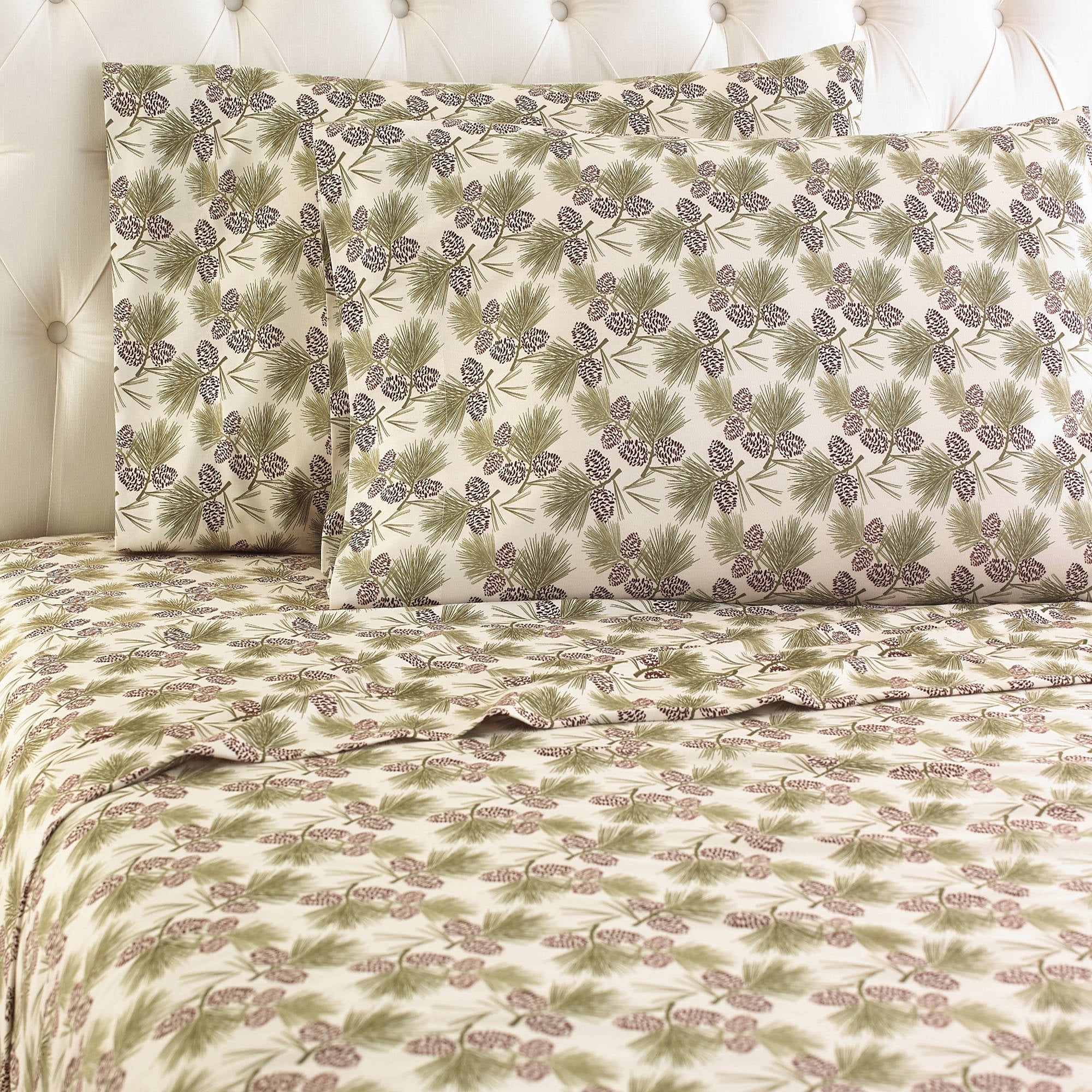 King Size Green Pinecones Cotton Polyester Flannel Sheet Set