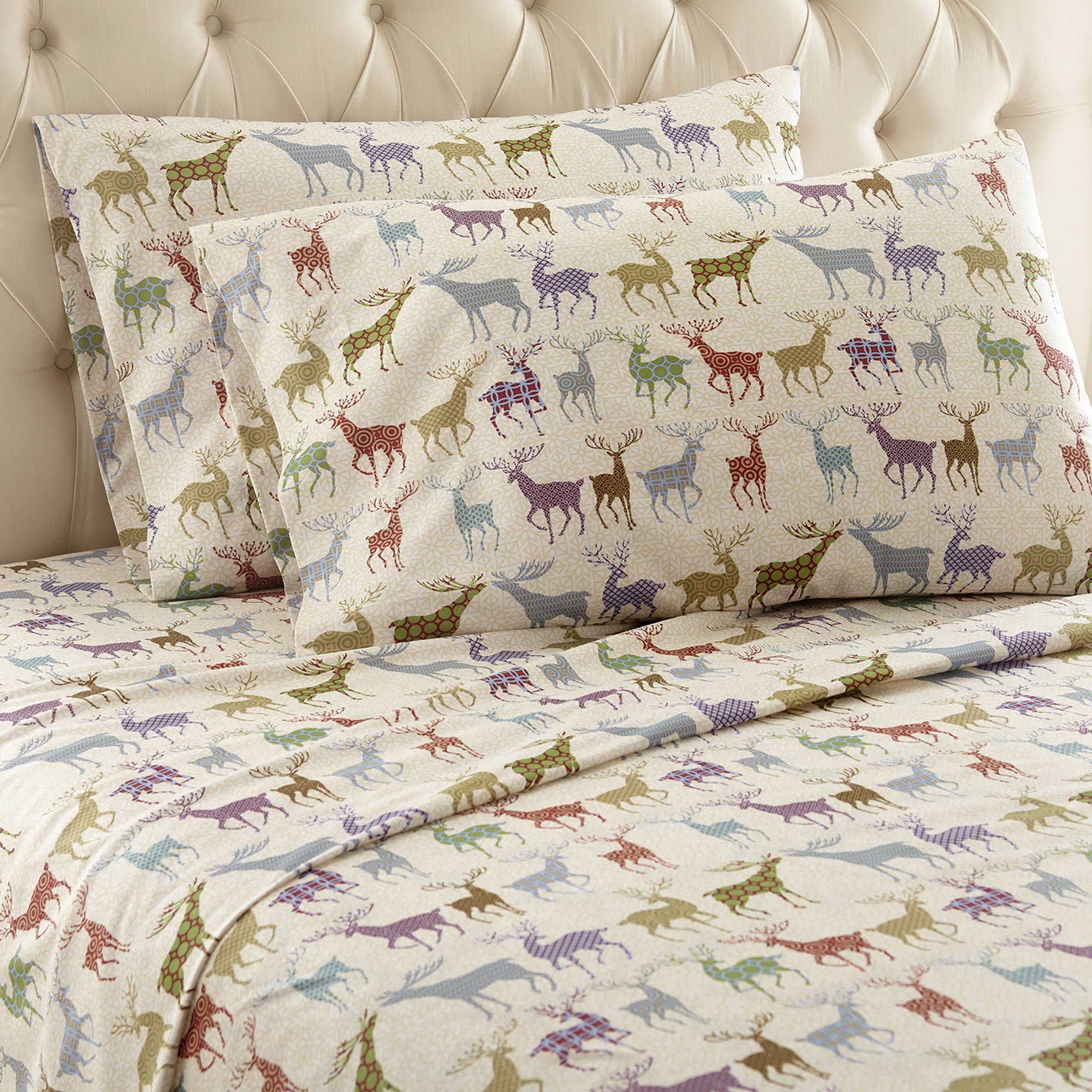 Queen Colorful Deer Print Cotton Polyester Flannel Sheet Set