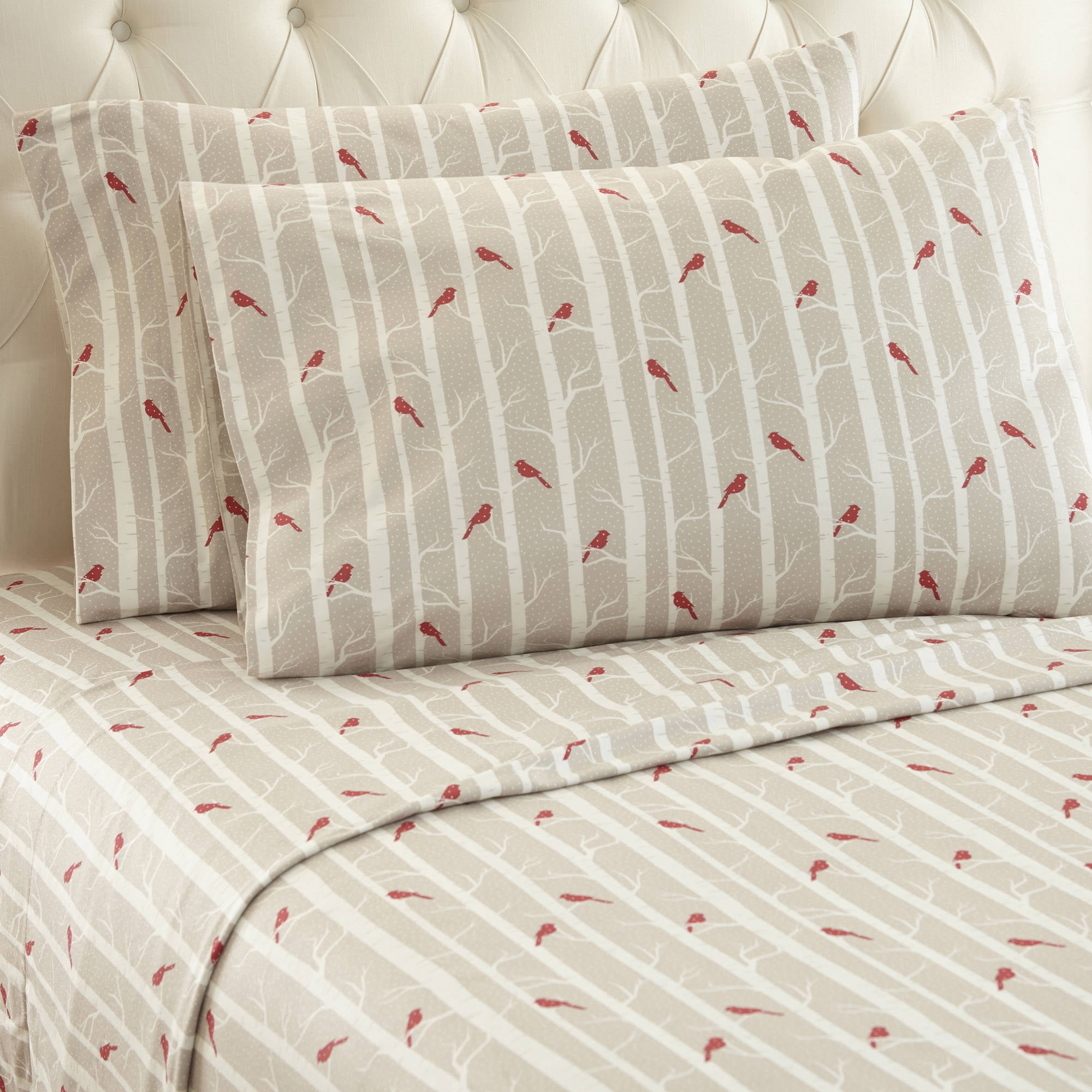 Taupe and Red Cotton Polyester Flannel Full Sheet Set
