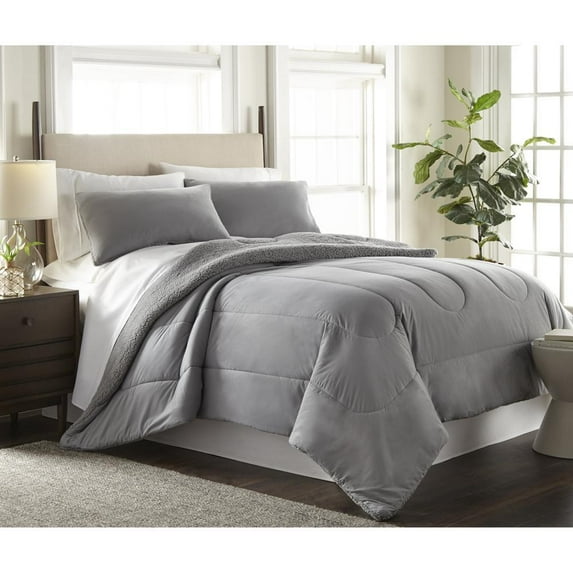 Micro Flannel Reverse to Sherpa Comforter Set, King, Greystone