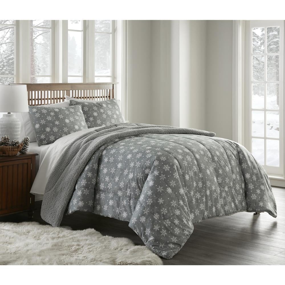 Twin Gray Snowflakes Reversible Polyester Comforter Set