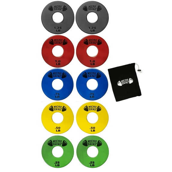 Micro Gainz 1-Inch Center Hole Multi-Color Standard Fractional Weights Plate Sets, 10 Piece for Standard Barbells and Dumbbells, Made In USA