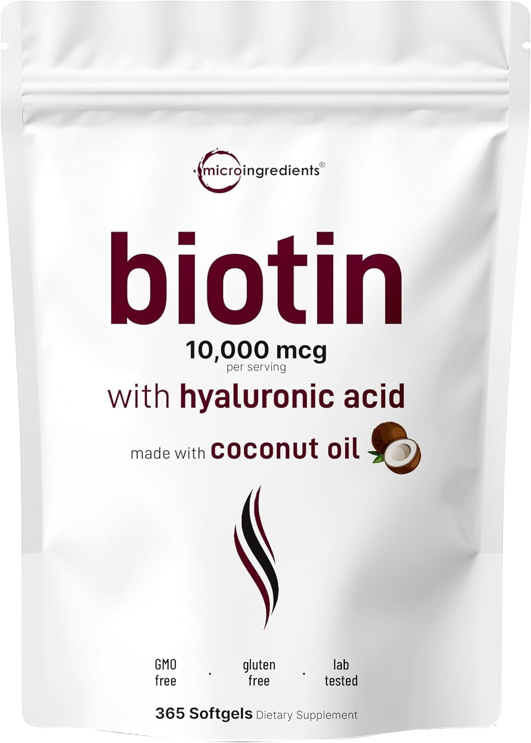 Micro Ingredients Biotin 10000 mcg w/Hyaluronic Acid 25mg, 365 Virgin Coconut Oil Softgels (1-Year Supply) | Supports Healthy Hair, Skin & Nails