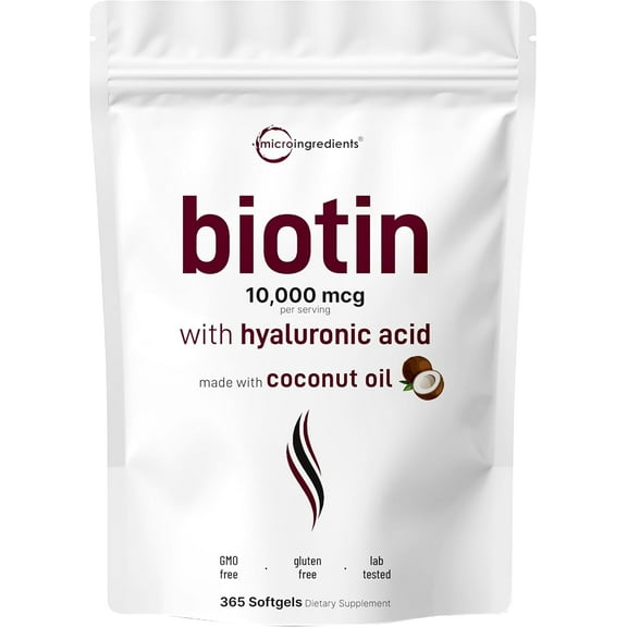 Micro Ingredients Biotin 10000 mcg w/Hyaluronic Acid 25mg, 365 Virgin Coconut Oil Softgels (1-Year Supply) | Supports Healthy Hair, Skin & Nails