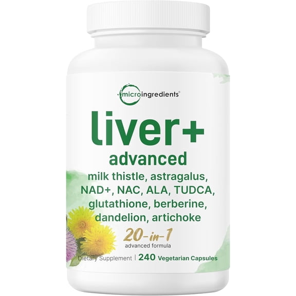 Micro Ingredients Liver Advanced+, 240 Veggie Capsules | 20-in-1 Complex with Milk Thistle, Dandelion, NAD, NAC, ALA, TUDCA, Glutathione, Artichoke, Turmeric, & Astragalus |
