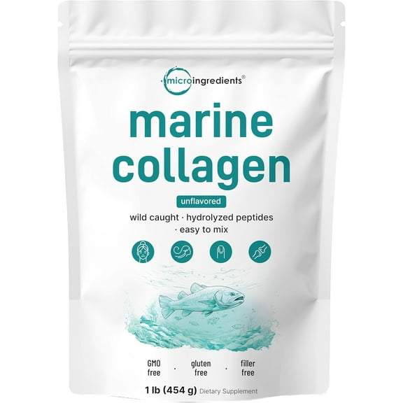Micro Ingredients Marine Collagen Peptides Powder, 1 lb | Type I Marine Collagen + Natural Protein | Wild-Caught Fish Source -  Unflavored, Pescatarian, Non-GMO