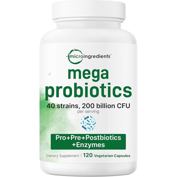 Micro Ingredients Mega Probiotics 200 Billion CFU, 120 Veggie Capsules | Daily Probiotics for Women & Men | 40 Strains with Prebiotics, Postbiotics & Digestive Enzymes | Gut & Digestive Health