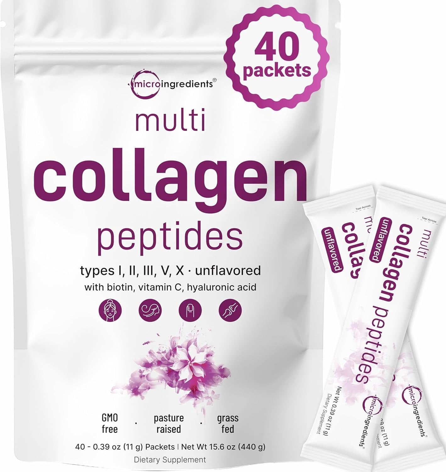Micro Ingredients Multi Collagen Peptides Powder, 40 Stick Packs | Type I, II, III, V, X + Biotin, Vitamin C & Hyaluronic Acid | Hair, Skin & Joint Health Suppl