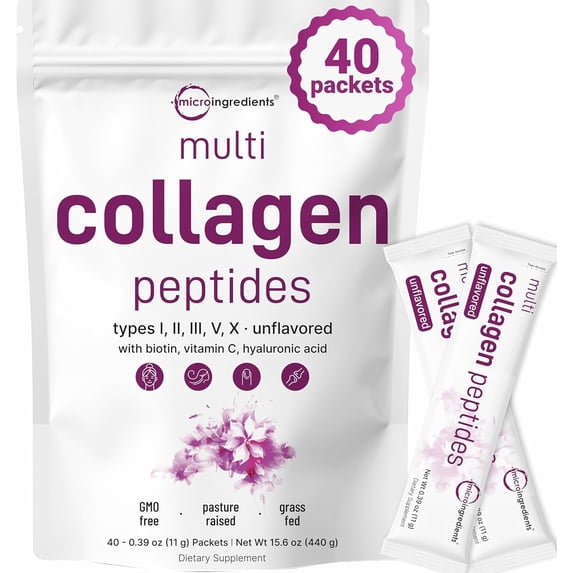 Micro Ingredients Multi Collagen Peptides Powder, 40 Stick Packs | Type I, II, III, V, X + Biotin, Vitamin C & Hyaluronic Acid | Hair, Skin & Joint Health Supplement*, Unflavored, Keto, Non-GMO