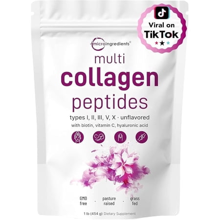 Micro Ingredients Multi Collagen Peptides Powder, 1lb (41 Servings) | Hydrolyzed Type I,II,III,V,X with Biotin, Hyaluronic Acid, Vitamin C - Unflavored Collagen for Women & Men