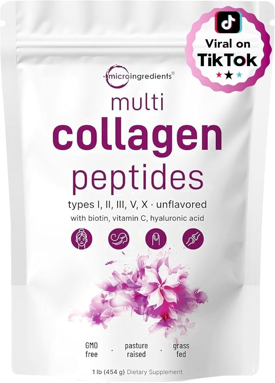 Micro Ingredients Multi Collagen Peptides Powder, 1lb (41 Servings) | Hydrolyzed Type I,II,III,V,X with Biotin, Hyaluronic Acid, Vitamin C - Unflavored Collagen for Women & Men