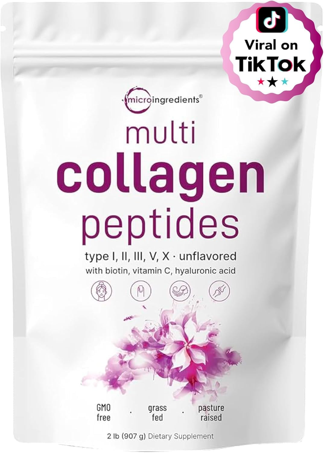 Micro Ingredients Multi Collagen Protein Powder, 2lb | Type I,II,III,V,X with Biotin, Hyaluronic Acid, Vitamin C - Unflavored Collagen Peptides