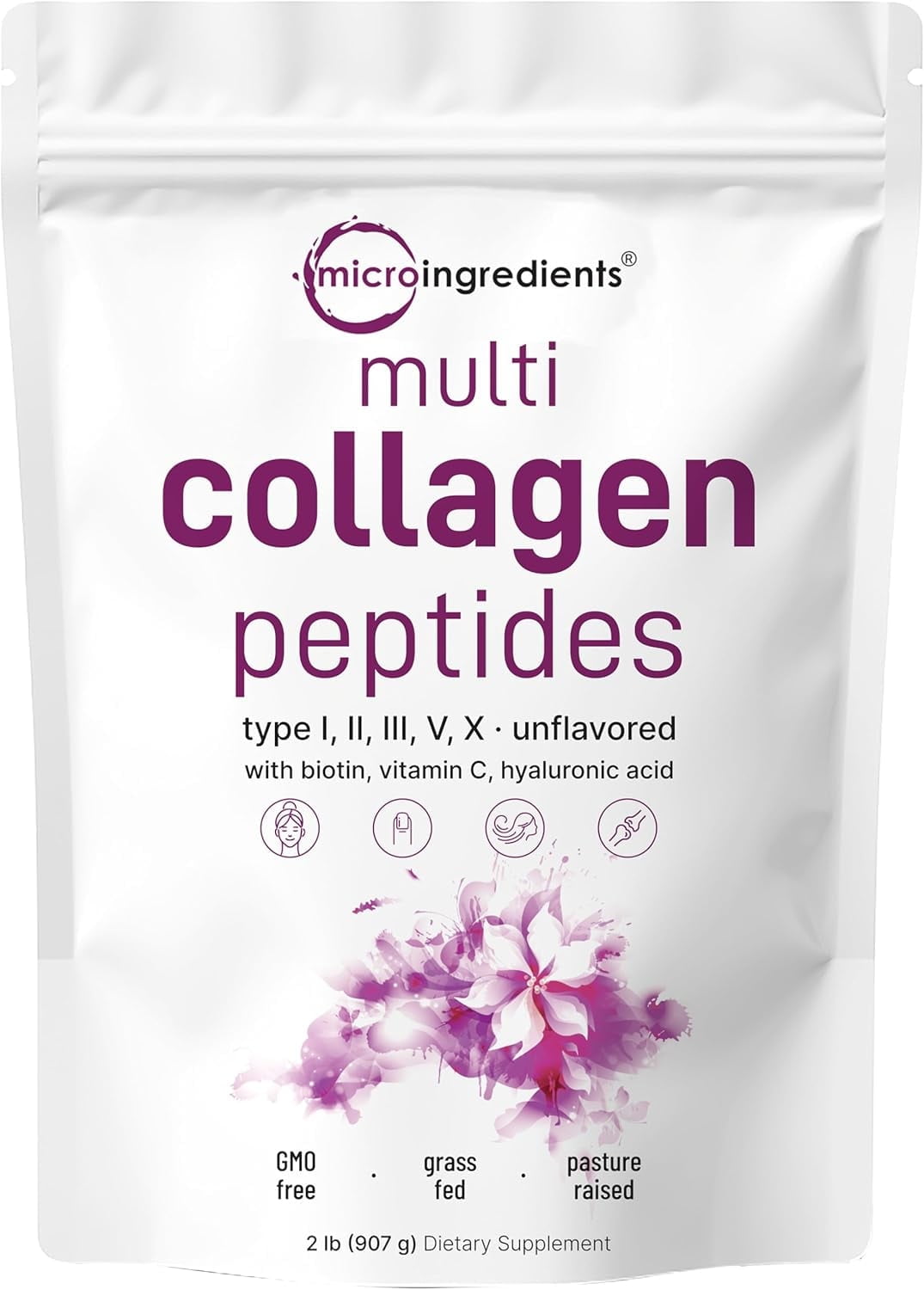 Micro Ingredients Multi Collagen Protein Powder, 2lb | Type I,II,III,V,X with Biotin, Hyaluronic Acid, Vitamin C - Unflavored Collagen Peptides
