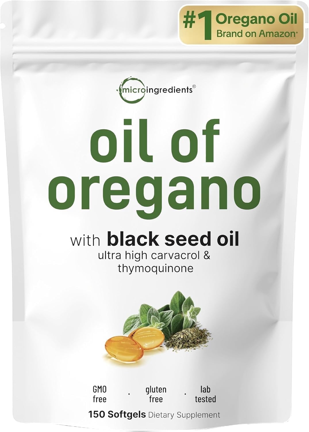 Micro Ingredients Oil of Oregano Softgels, 150 Count | 2 in 1 Formulated with Black Seed Oil, 4X Strength Carvacrol & Thymoquinone