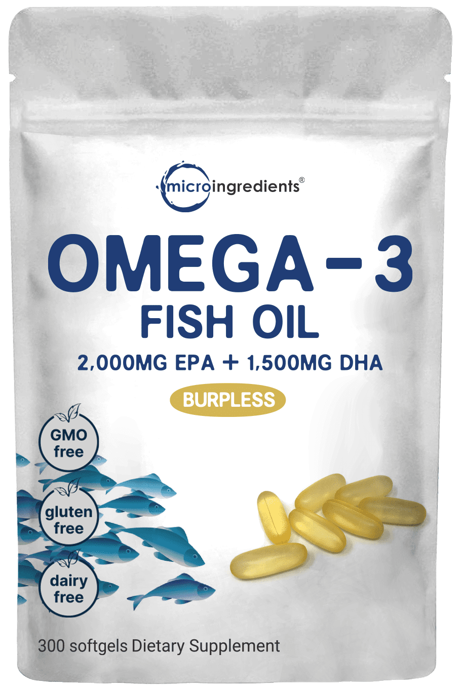 Micro Ingredients Omega 3 Fish Oil Supplements, 300 Count, 3750mg Serving | Burpless Lemon Flavored Softgels | EPA 2000mg + DHA 1500mg
