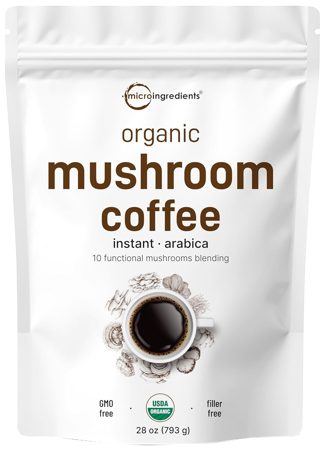 Micro Ingredients Organic Instant 10-in-1 Mushroom Coffee Powder, 28 Ounces (317 Servings) | Premium Arabica Coffee with Lions Mane, Chaga & More