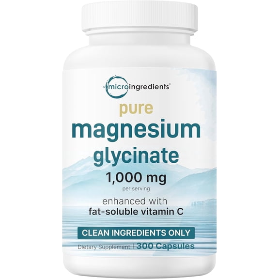 Micro Ingredients Pure Magnesium Glycinate 1,000mg, 300 Capsules | 100% Chelated with Vitamin C for Max Absorption | Sleep, Muscle, & Heart Support | Filler Free