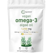 Micro Ingredients Vegan Omega 3 Algae Oil, 240 Veggie Softgels | DHA 500mg & DPA 100mg | Plant-Based Omega 3 Supplement with Flaxseed & ALA | Lemon Flavored, Carrageenan Free