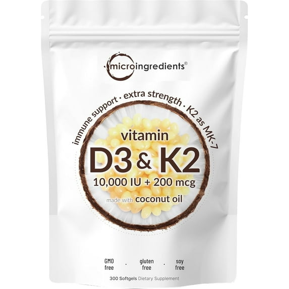 Micro Ingredients Vitamin D3 10000iu Plus K2 (MK-7) 200mcg, 300 Virgin Coconut Oil Softgels | 2 in 1 Support Immune, Heart, Joint, Teeth & Bone Health