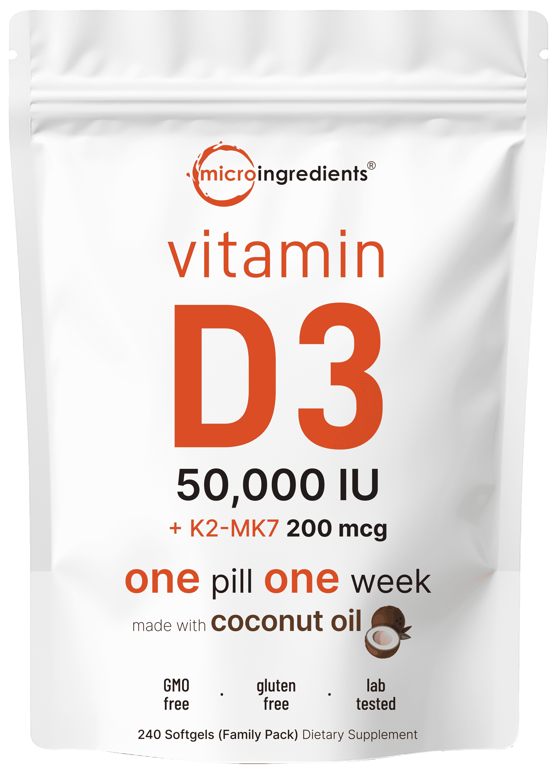 Micro Ingredients Vitamin D3 50,000 IU Plus K2 (MK-7) 200 mcg, 240 Coconut Oil Softgels