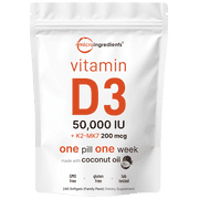 Micro Ingredients Vitamin D3 50,000 IU Plus K2 MK-7 200 mcg, 240 Coconut Oil Softgels