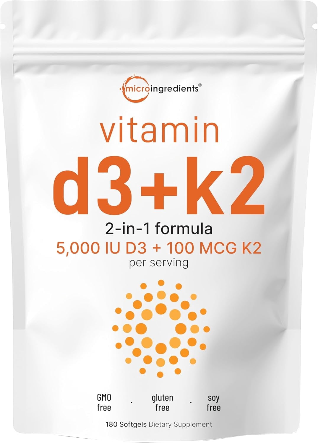 Micro Ingredients Vitamin D3 5000iu with K2(MK-7) 100mcg, 180 Softgels | 2 in 1 Support Immune, Heart, Joint, Teeth & Bone Health