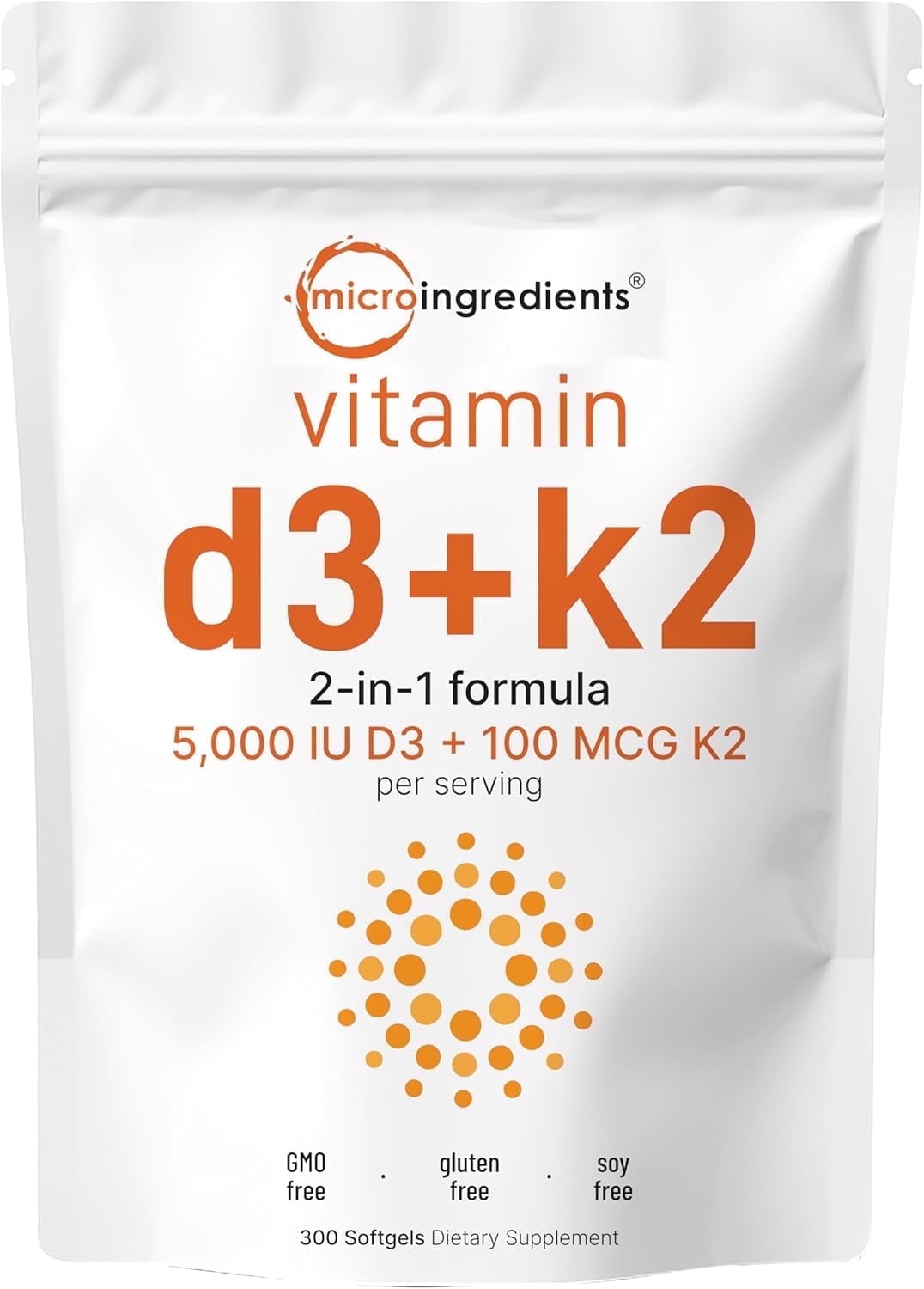 Micro Ingredients Vitamin D3 5000iu with K2(MK-7) 100mcg, 300 Softgels | 2 in 1 Support Immune, Heart, Joint, Teeth & Bone Health